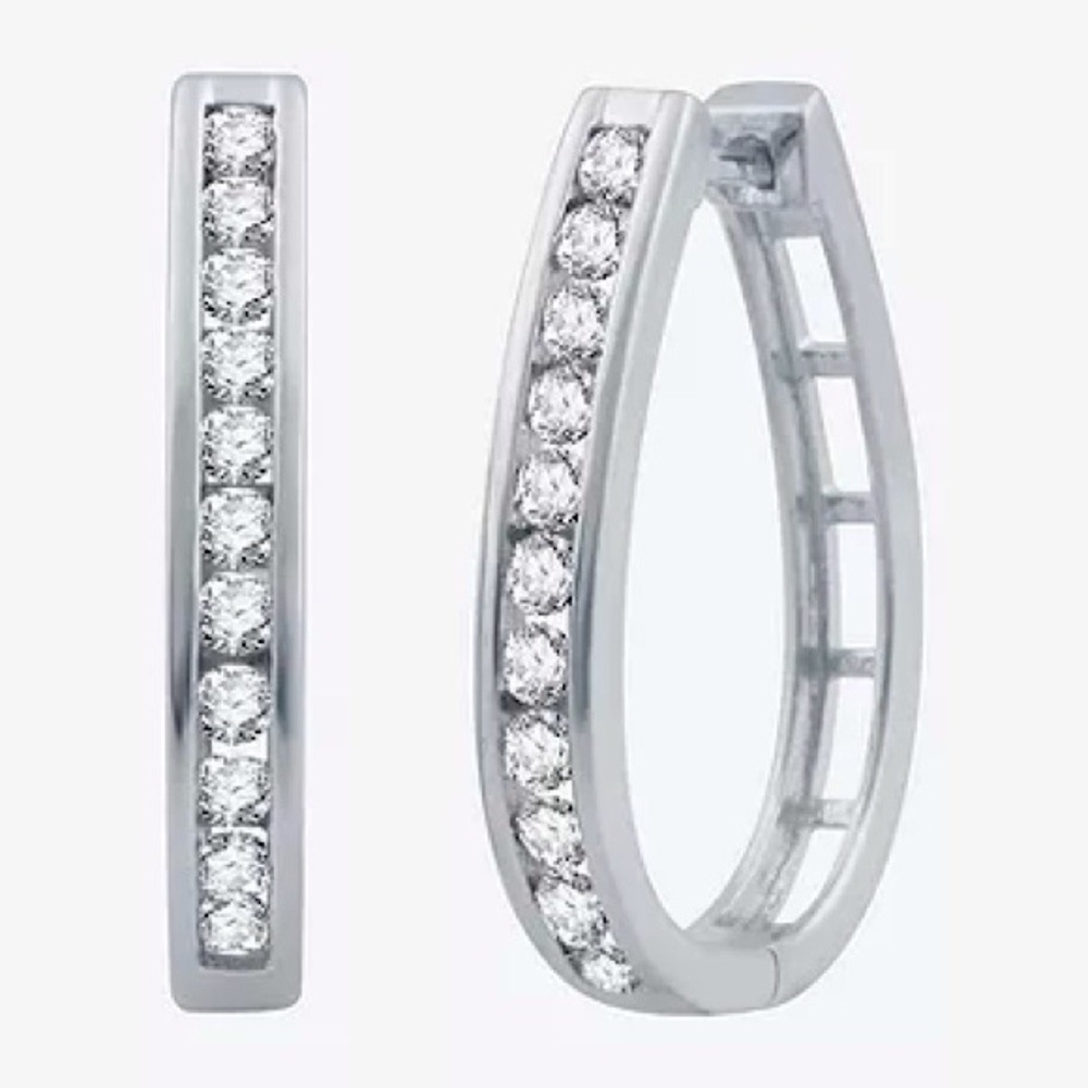 1 CT. T.W. White Diamond Sterling Silver Oval Hoop Earrings